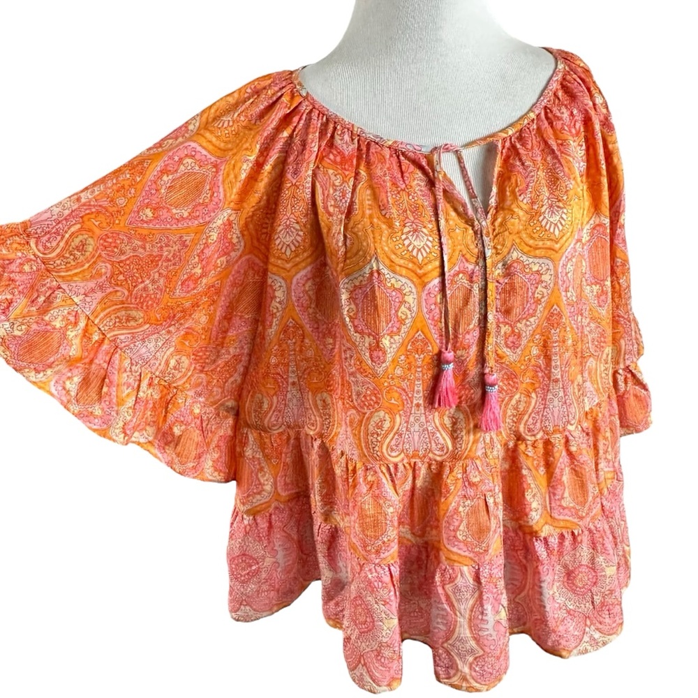 Calypso St. Barth Espazi Printed Silk Flutter Sleeve Top Large Resort Bohemian - Picture 3 of 10